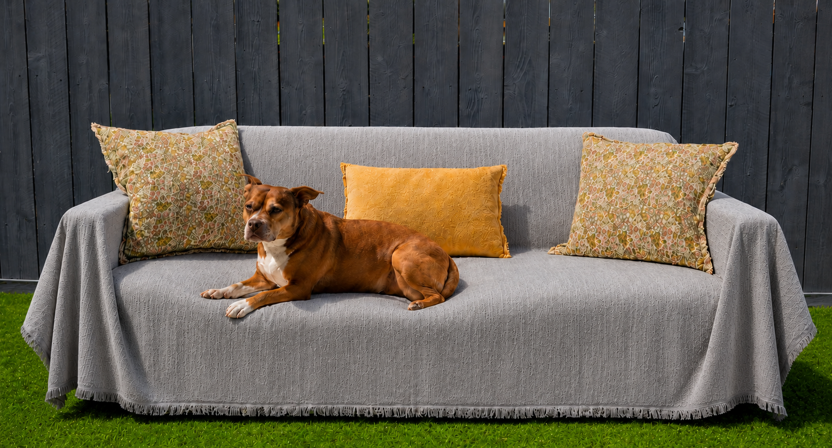 Grey PetHallow couch cover with a dog resting on the sofa