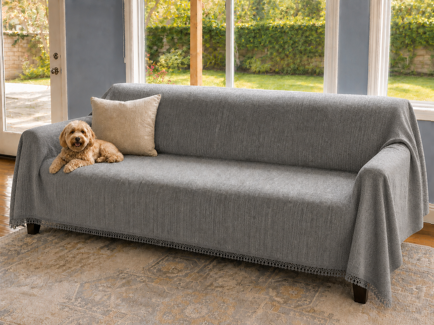 Grey PetHallow couch cover styled on an indoor sofa