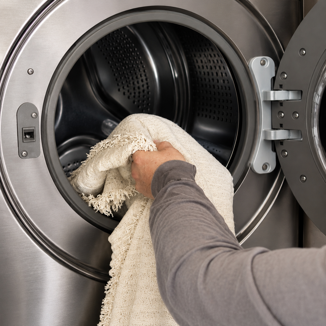 Cream couch cover being placed into a washing machine