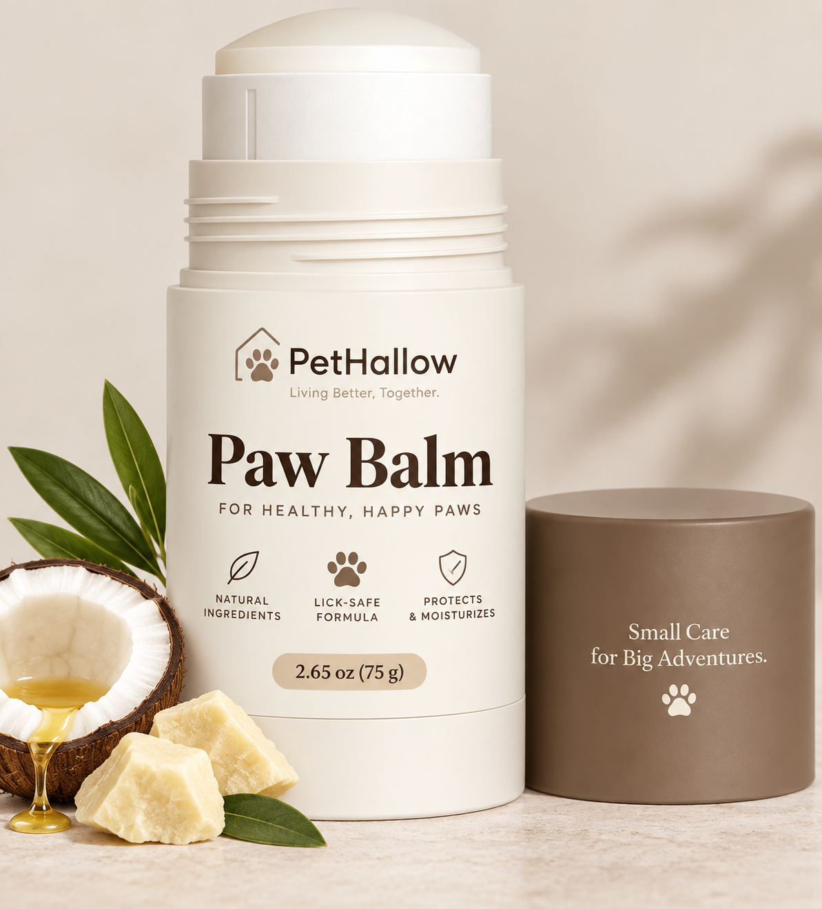 PetHallow Paw Balm twist-up stick with cap and natural ingredients