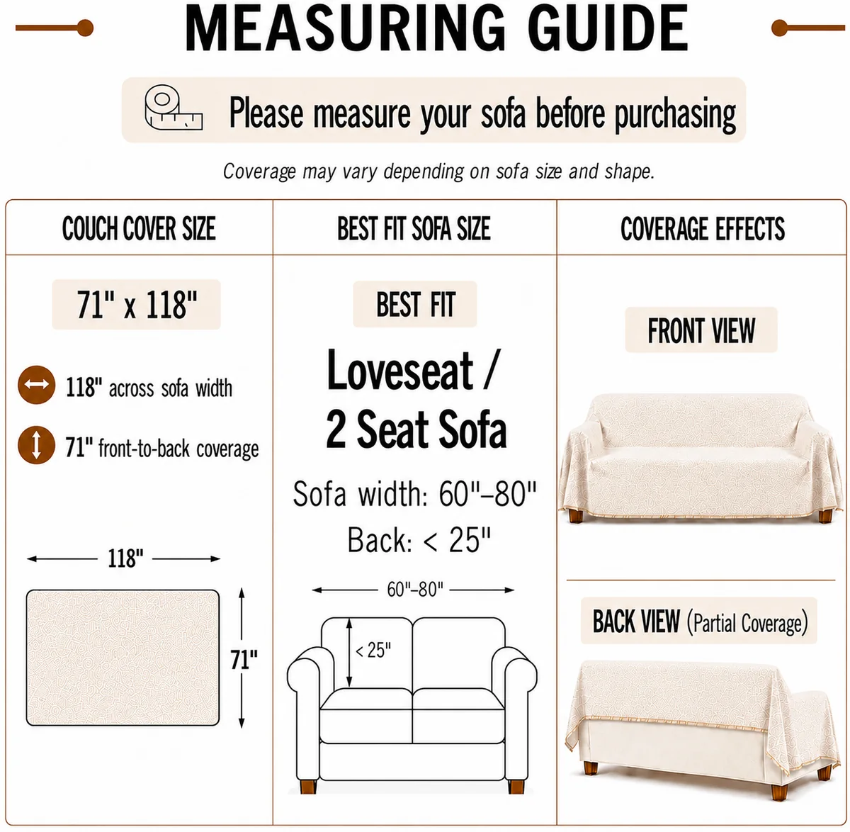PetHallow measuring guide showing the 71 by 118 inch couch cover and expected loveseat coverage